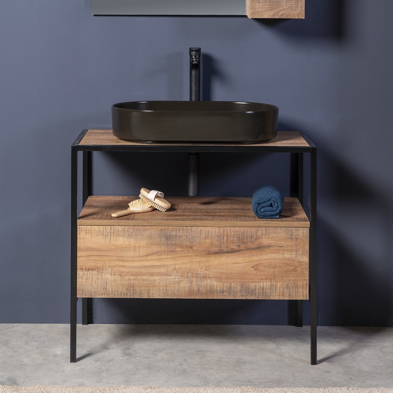 IRON WOOD 75 - STRUTTURA IN FERRO CM 75 + MOBILE CON CASSETTO APERTURA PUSH CM 70 + TOP CM 70 P/LAVABO - 1