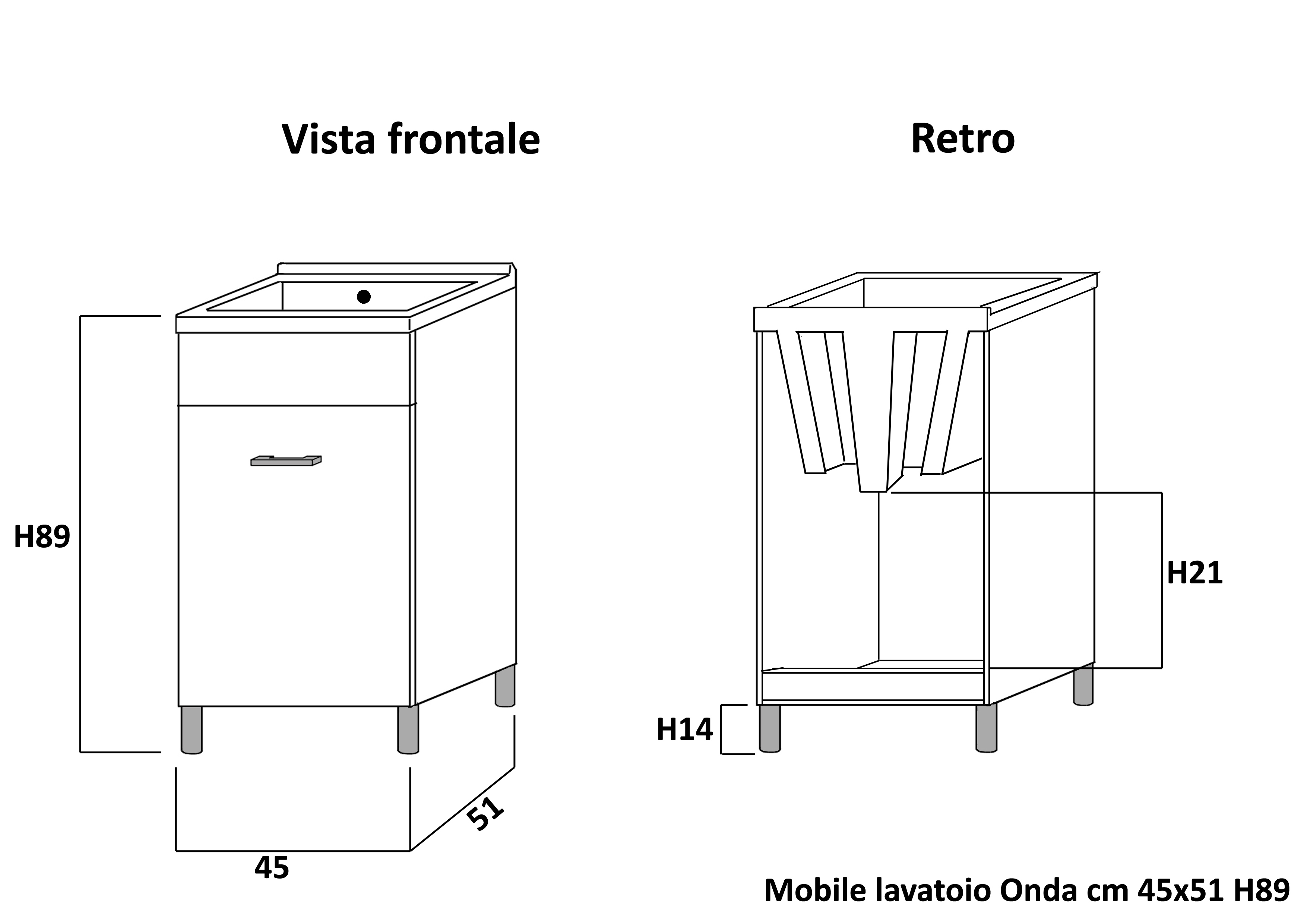 Mobile lavatoio 45x50 bianco opaco con vasca in ceramica e tavola in legno.