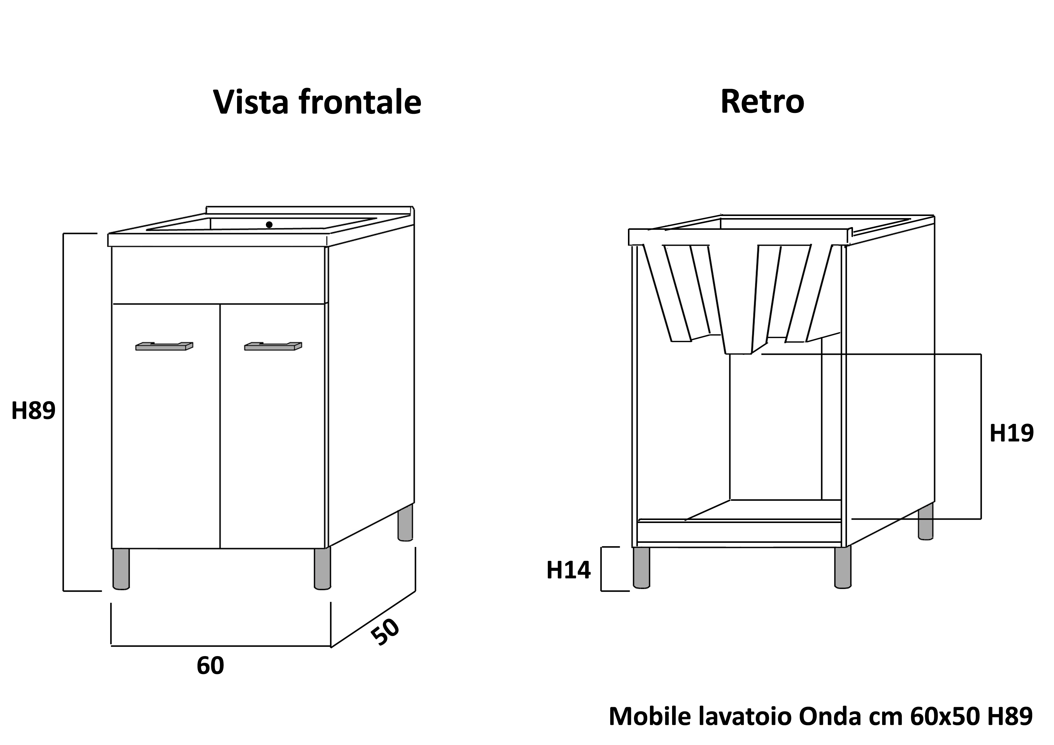 Mobile lavatoio,cm.60x50x85, in kit, 2 ante, vasca lavapanni completo di  scarico Arredobagno e Cucine s.r.l.s.